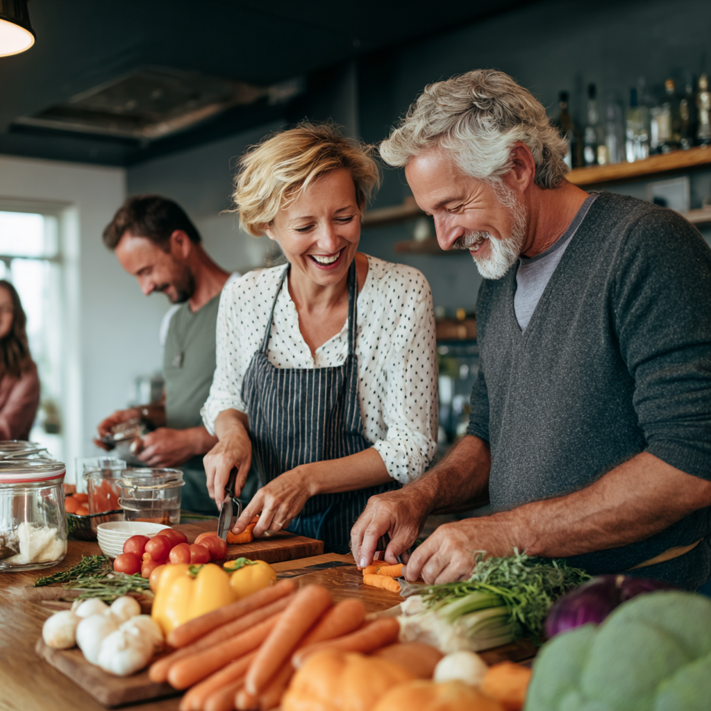Smiling middle-aged Ukrainian woman holding a colorful salad bowl, standing in a bright modern kitchen with fresh vegetables