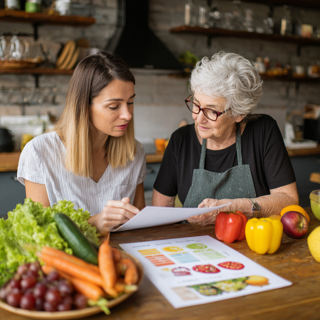 Happy Ukrainian family of three generations sitting around dinner table with healthy colorful meal, grandparents, parents and child smiling together